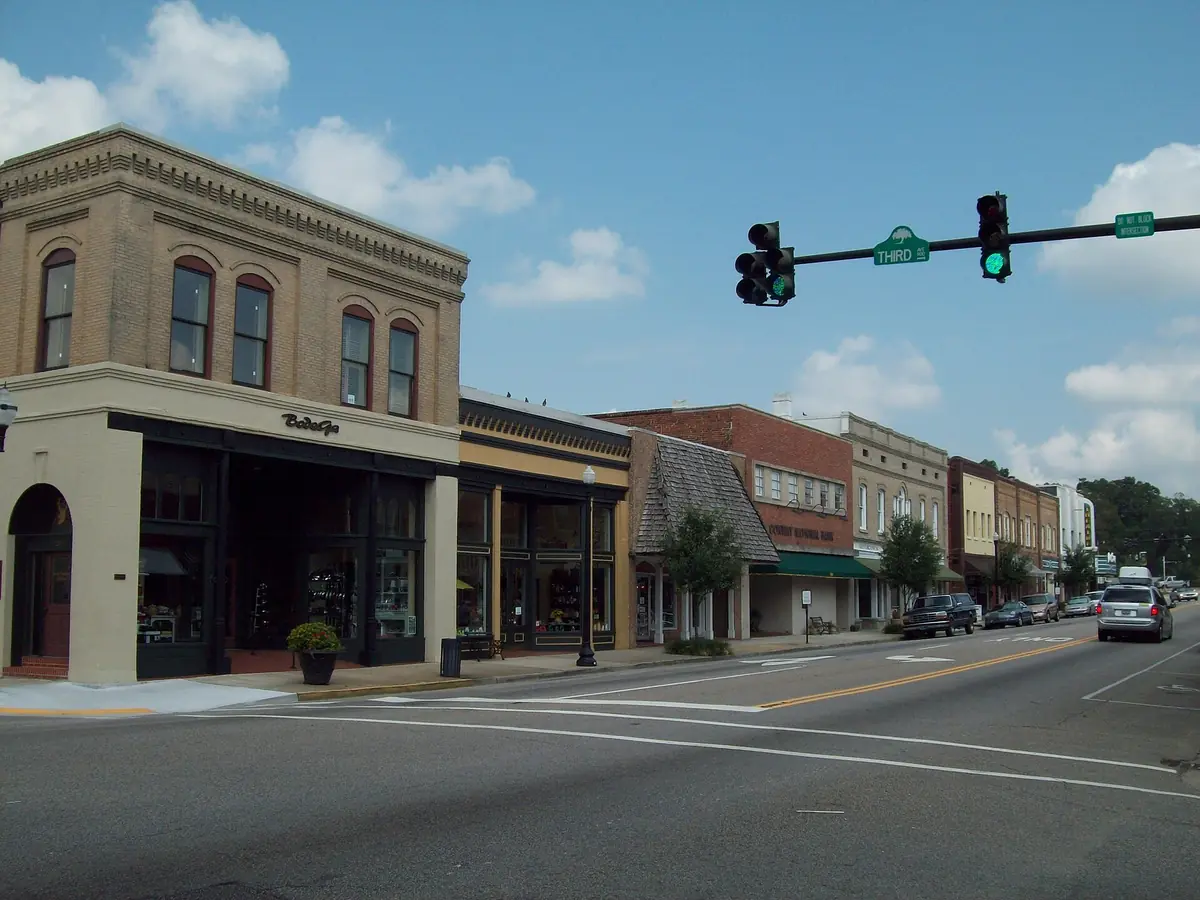 Main Street in downtown Conway, South Carolina, lined with old brick shop buildings