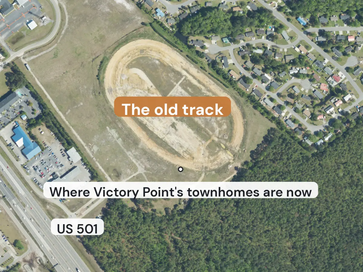 Aerial view of an empty oval dirt race track beside a divided highway, with labels for the track, US 501 and where Victory Point's townhomes are now