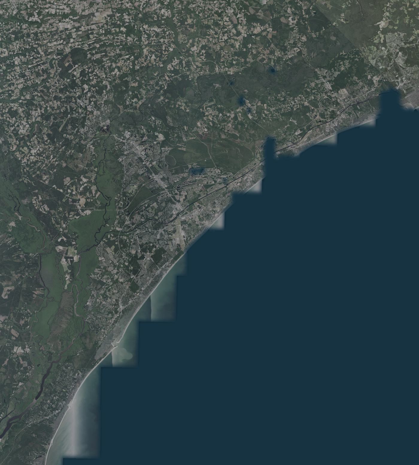 Satellite view of the Grand Strand from Little River south to Pawleys Island, with the eight areas outlined.